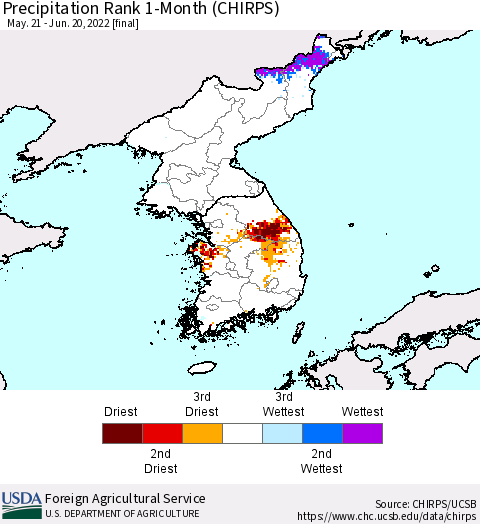 Korea Precipitation Rank since 1981, 1-Month (CHIRPS) Thematic Map For 5/21/2022 - 6/20/2022