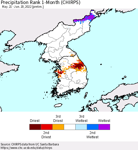 Korea Precipitation Rank 1-Month (CHIRPS) Thematic Map For 5/21/2022 - 6/20/2022