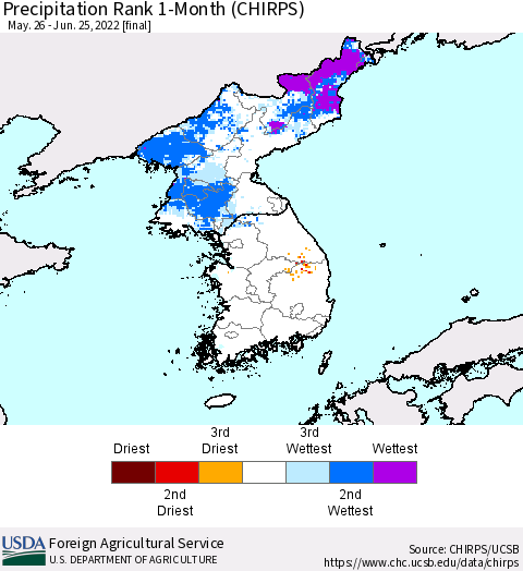Korea Precipitation Rank 1-Month (CHIRPS) Thematic Map For 5/26/2022 - 6/25/2022