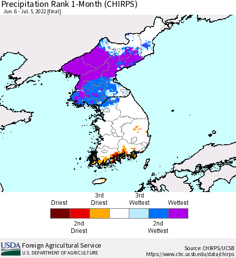 Korea Precipitation Rank 1-Month (CHIRPS) Thematic Map For 6/6/2022 - 7/5/2022