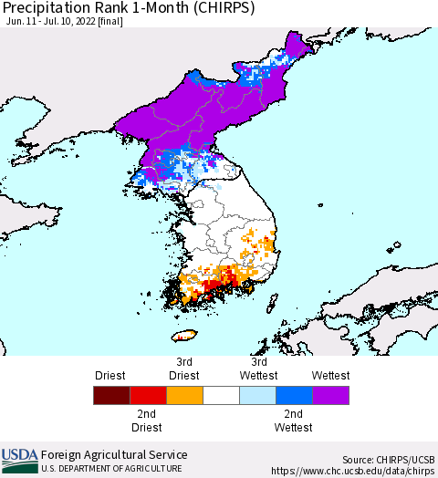 Korea Precipitation Rank 1-Month (CHIRPS) Thematic Map For 6/11/2022 - 7/10/2022