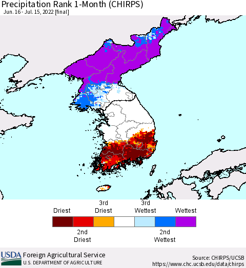 Korea Precipitation Rank since 1981, 1-Month (CHIRPS) Thematic Map For 6/16/2022 - 7/15/2022