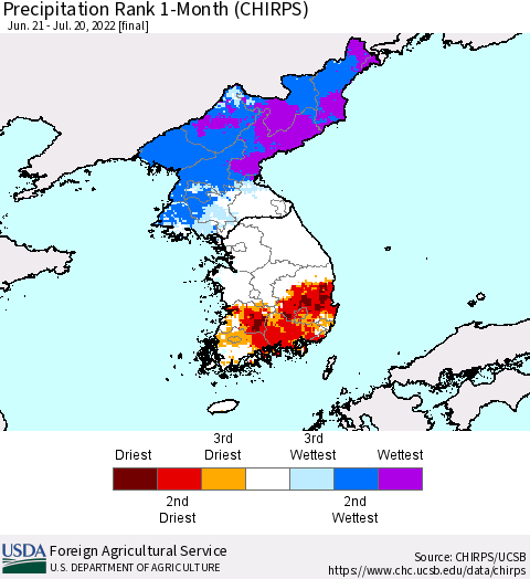 Korea Precipitation Rank 1-Month (CHIRPS) Thematic Map For 6/21/2022 - 7/20/2022
