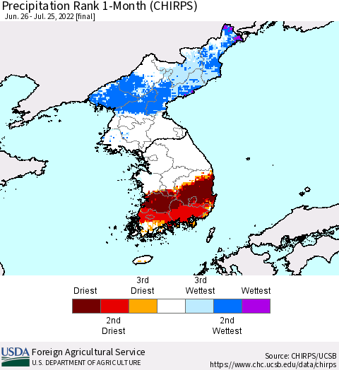 Korea Precipitation Rank 1-Month (CHIRPS) Thematic Map For 6/26/2022 - 7/25/2022