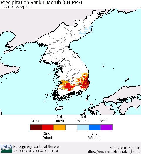 Korea Precipitation Rank 1-Month (CHIRPS) Thematic Map For 7/1/2022 - 7/31/2022