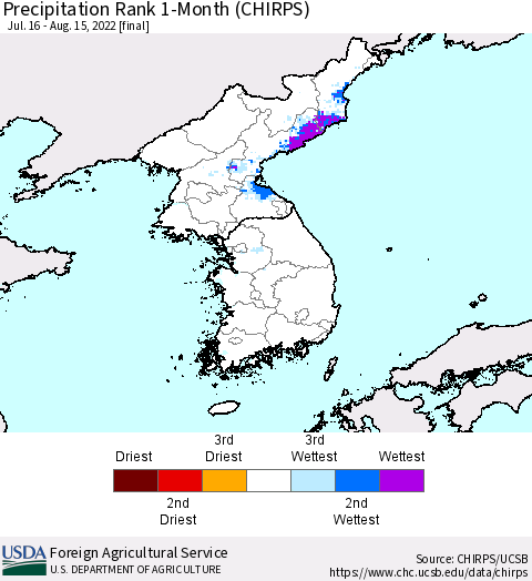 Korea Precipitation Rank since 1981, 1-Month (CHIRPS) Thematic Map For 7/16/2022 - 8/15/2022