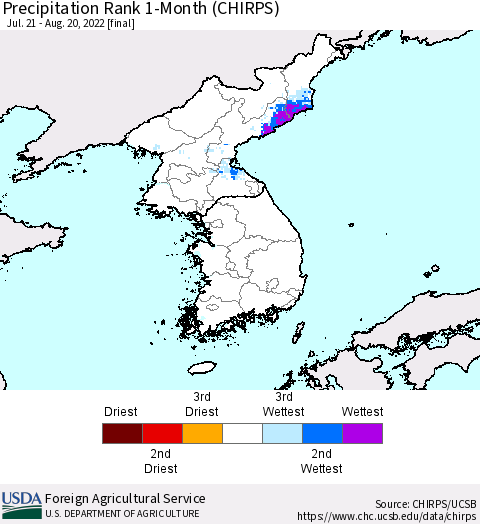 Korea Precipitation Rank since 1981, 1-Month (CHIRPS) Thematic Map For 7/21/2022 - 8/20/2022