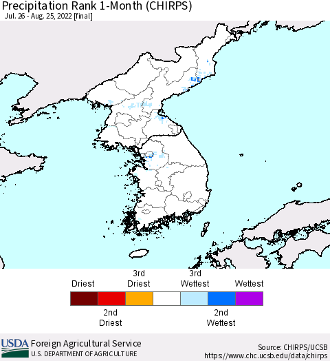 Korea Precipitation Rank 1-Month (CHIRPS) Thematic Map For 7/26/2022 - 8/25/2022