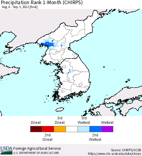 Korea Precipitation Rank 1-Month (CHIRPS) Thematic Map For 8/6/2022 - 9/5/2022