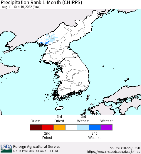 Korea Precipitation Rank 1-Month (CHIRPS) Thematic Map For 8/11/2022 - 9/10/2022