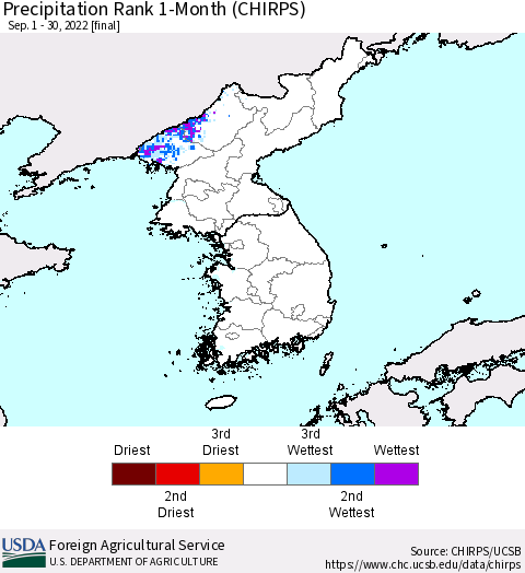 Korea Precipitation Rank since 1981, 1-Month (CHIRPS) Thematic Map For 9/1/2022 - 9/30/2022