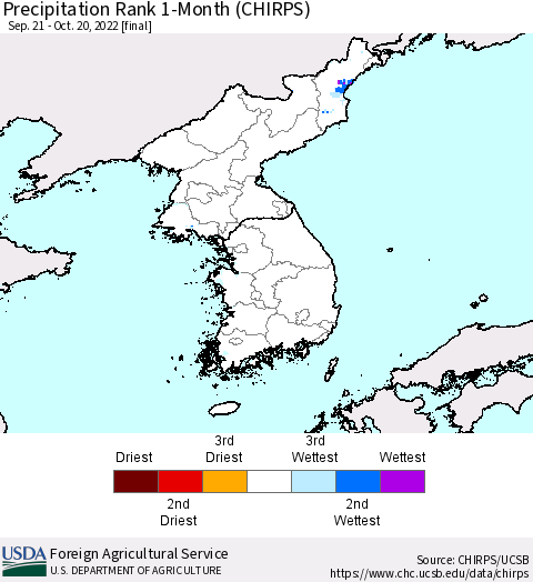 Korea Precipitation Rank since 1981, 1-Month (CHIRPS) Thematic Map For 9/21/2022 - 10/20/2022