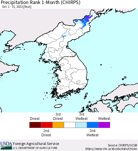 Korea Precipitation Rank since 1981, 1-Month (CHIRPS) Thematic Map For 10/1/2022 - 10/31/2022