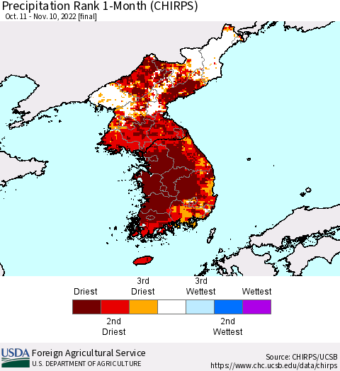 Korea Precipitation Rank since 1981, 1-Month (CHIRPS) Thematic Map For 10/11/2022 - 11/10/2022