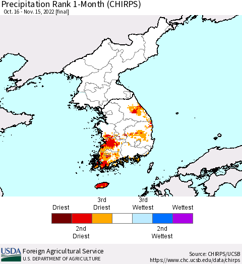 Korea Precipitation Rank since 1981, 1-Month (CHIRPS) Thematic Map For 10/16/2022 - 11/15/2022