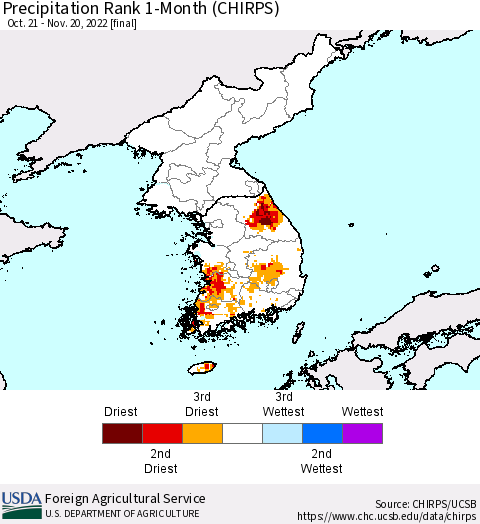 Korea Precipitation Rank 1-Month (CHIRPS) Thematic Map For 10/21/2022 - 11/20/2022