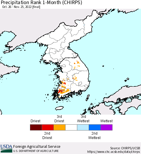 Korea Precipitation Rank since 1981, 1-Month (CHIRPS) Thematic Map For 10/26/2022 - 11/25/2022