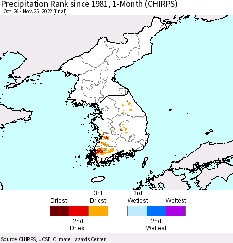 Korea Precipitation Rank since 1981, 1-Month (CHIRPS) Thematic Map For 10/26/2022 - 11/25/2022