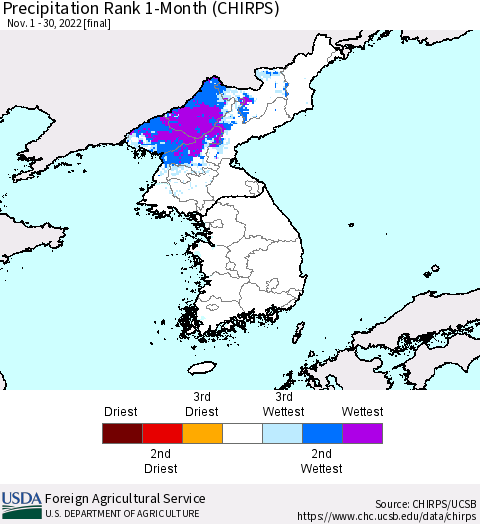 Korea Precipitation Rank 1-Month (CHIRPS) Thematic Map For 11/1/2022 - 11/30/2022