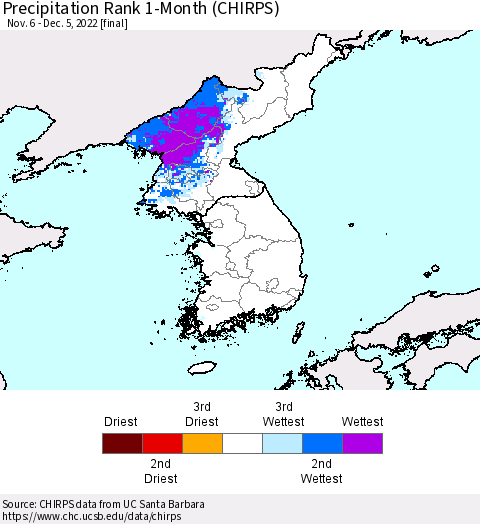 Korea Precipitation Rank since 1981, 1-Month (CHIRPS) Thematic Map For 11/6/2022 - 12/5/2022
