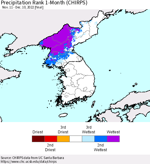 Korea Precipitation Rank since 1981, 1-Month (CHIRPS) Thematic Map For 11/11/2022 - 12/10/2022
