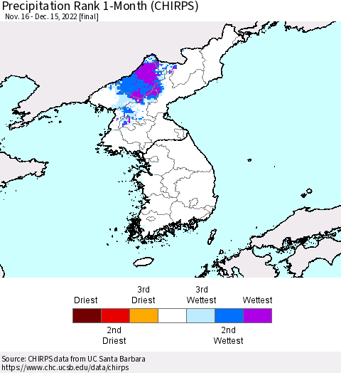 Korea Precipitation Rank since 1981, 1-Month (CHIRPS) Thematic Map For 11/16/2022 - 12/15/2022