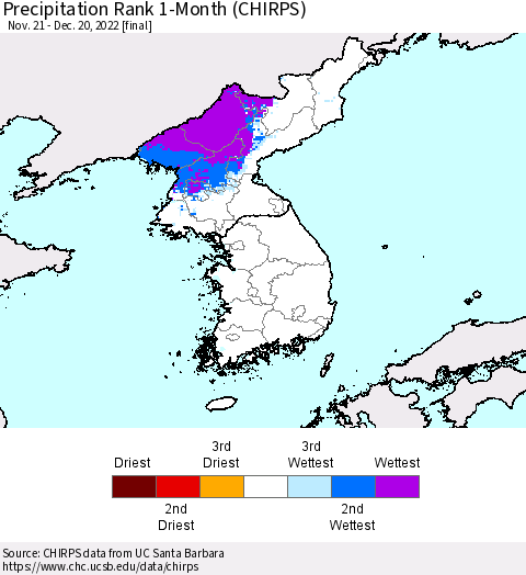 Korea Precipitation Rank 1-Month (CHIRPS) Thematic Map For 11/21/2022 - 12/20/2022