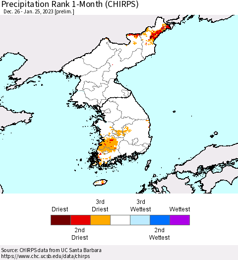 Korea Precipitation Rank 1-Month (CHIRPS) Thematic Map For 12/26/2022 - 1/25/2023