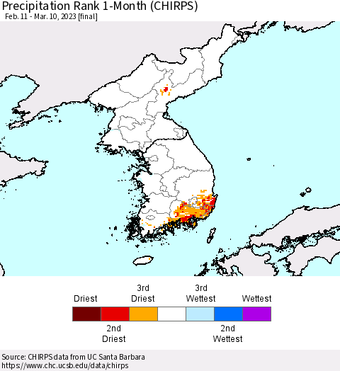 Korea Precipitation Rank since 1981, 1-Month (CHIRPS) Thematic Map For 2/11/2023 - 3/10/2023