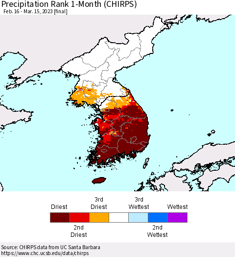 Korea Precipitation Rank since 1981, 1-Month (CHIRPS) Thematic Map For 2/16/2023 - 3/15/2023