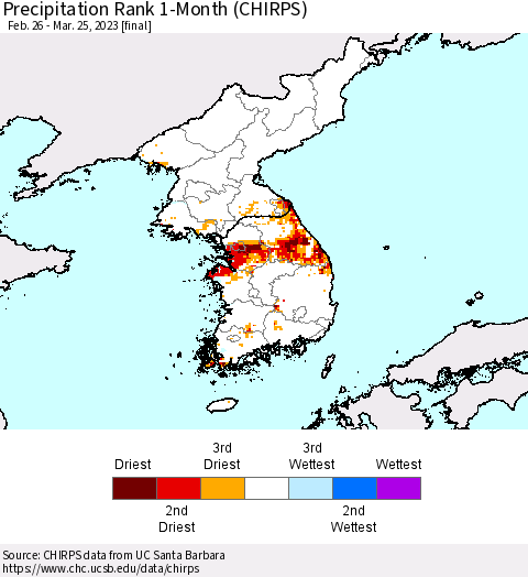 Korea Precipitation Rank since 1981, 1-Month (CHIRPS) Thematic Map For 2/26/2023 - 3/25/2023