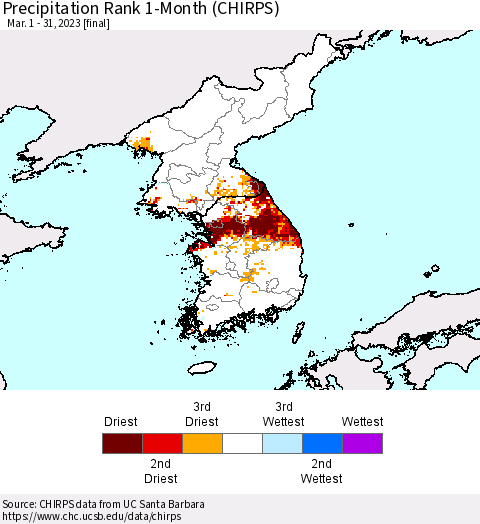Korea Precipitation Rank since 1981, 1-Month (CHIRPS) Thematic Map For 3/1/2023 - 3/31/2023