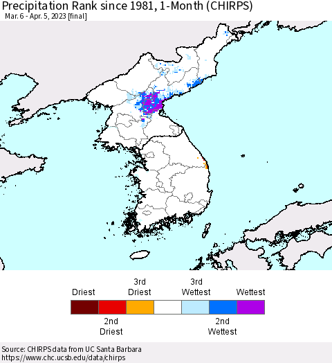 Korea Precipitation Rank since 1981, 1-Month (CHIRPS) Thematic Map For 3/6/2023 - 4/5/2023