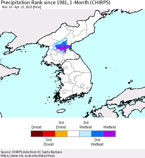 Korea Precipitation Rank since 1981, 1-Month (CHIRPS) Thematic Map For 3/16/2023 - 4/15/2023