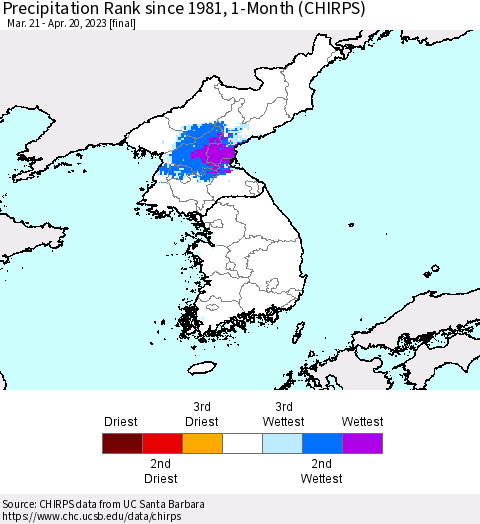 Korea Precipitation Rank since 1981, 1-Month (CHIRPS) Thematic Map For 3/21/2023 - 4/20/2023