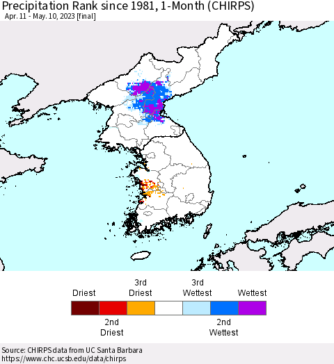 Korea Precipitation Rank since 1981, 1-Month (CHIRPS) Thematic Map For 4/11/2023 - 5/10/2023