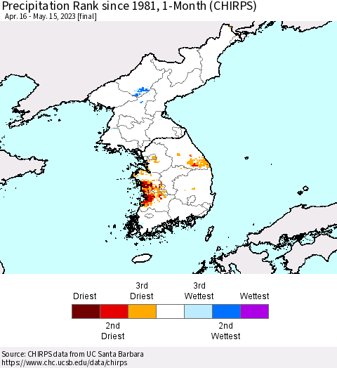 Korea Precipitation Rank since 1981, 1-Month (CHIRPS) Thematic Map For 4/16/2023 - 5/15/2023