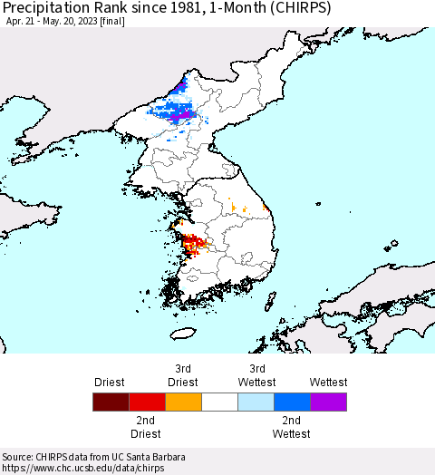 Korea Precipitation Rank since 1981, 1-Month (CHIRPS) Thematic Map For 4/21/2023 - 5/20/2023