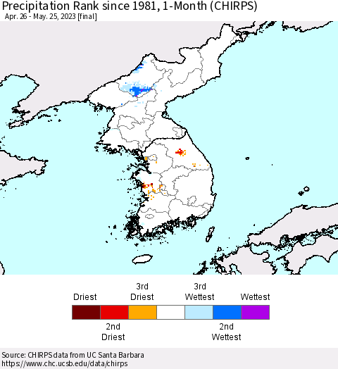 Korea Precipitation Rank since 1981, 1-Month (CHIRPS) Thematic Map For 4/26/2023 - 5/25/2023