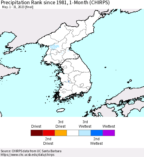 Korea Precipitation Rank since 1981, 1-Month (CHIRPS) Thematic Map For 5/1/2023 - 5/31/2023
