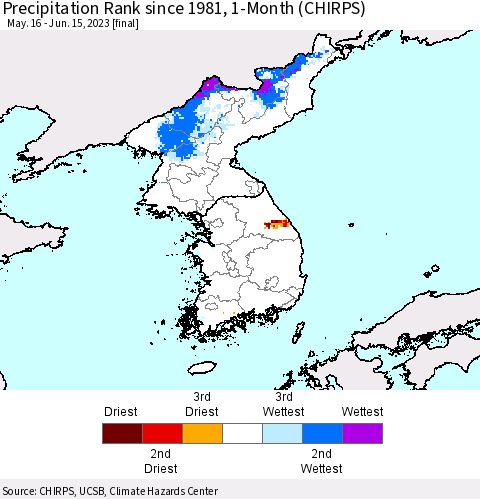 Korea Precipitation Rank since 1981, 1-Month (CHIRPS) Thematic Map For 5/16/2023 - 6/15/2023