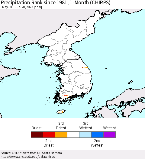 Korea Precipitation Rank since 1981, 1-Month (CHIRPS) Thematic Map For 5/21/2023 - 6/20/2023
