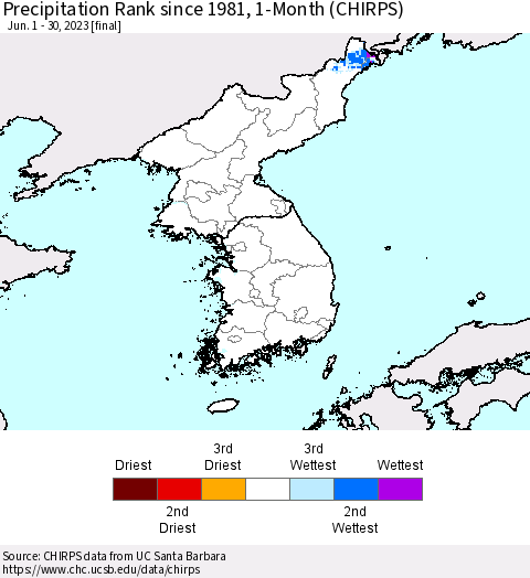 Korea Precipitation Rank since 1981, 1-Month (CHIRPS) Thematic Map For 6/1/2023 - 6/30/2023