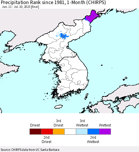 Korea Precipitation Rank since 1981, 1-Month (CHIRPS) Thematic Map For 6/11/2023 - 7/10/2023