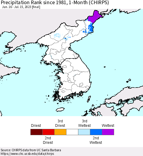 Korea Precipitation Rank since 1981, 1-Month (CHIRPS) Thematic Map For 6/16/2023 - 7/15/2023
