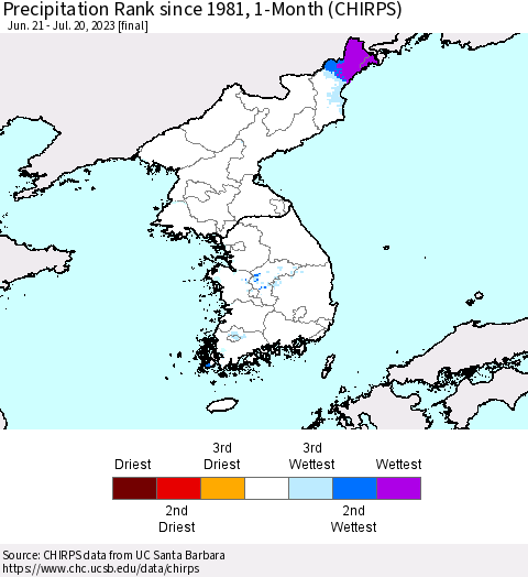 Korea Precipitation Rank since 1981, 1-Month (CHIRPS) Thematic Map For 6/21/2023 - 7/20/2023