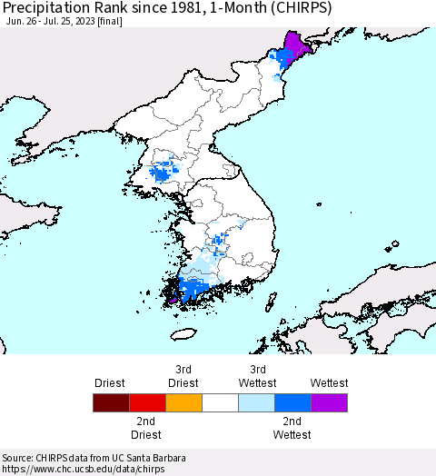 Korea Precipitation Rank since 1981, 1-Month (CHIRPS) Thematic Map For 6/26/2023 - 7/25/2023