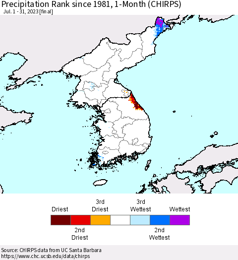 Korea Precipitation Rank since 1981, 1-Month (CHIRPS) Thematic Map For 7/1/2023 - 7/31/2023