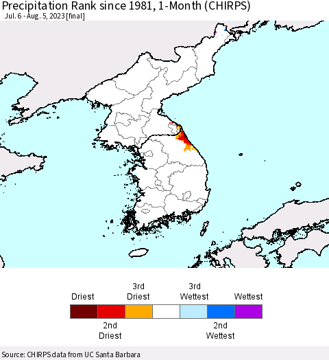Korea Precipitation Rank since 1981, 1-Month (CHIRPS) Thematic Map For 7/6/2023 - 8/5/2023