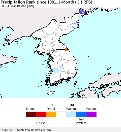 Korea Precipitation Rank since 1981, 1-Month (CHIRPS) Thematic Map For 7/11/2023 - 8/10/2023